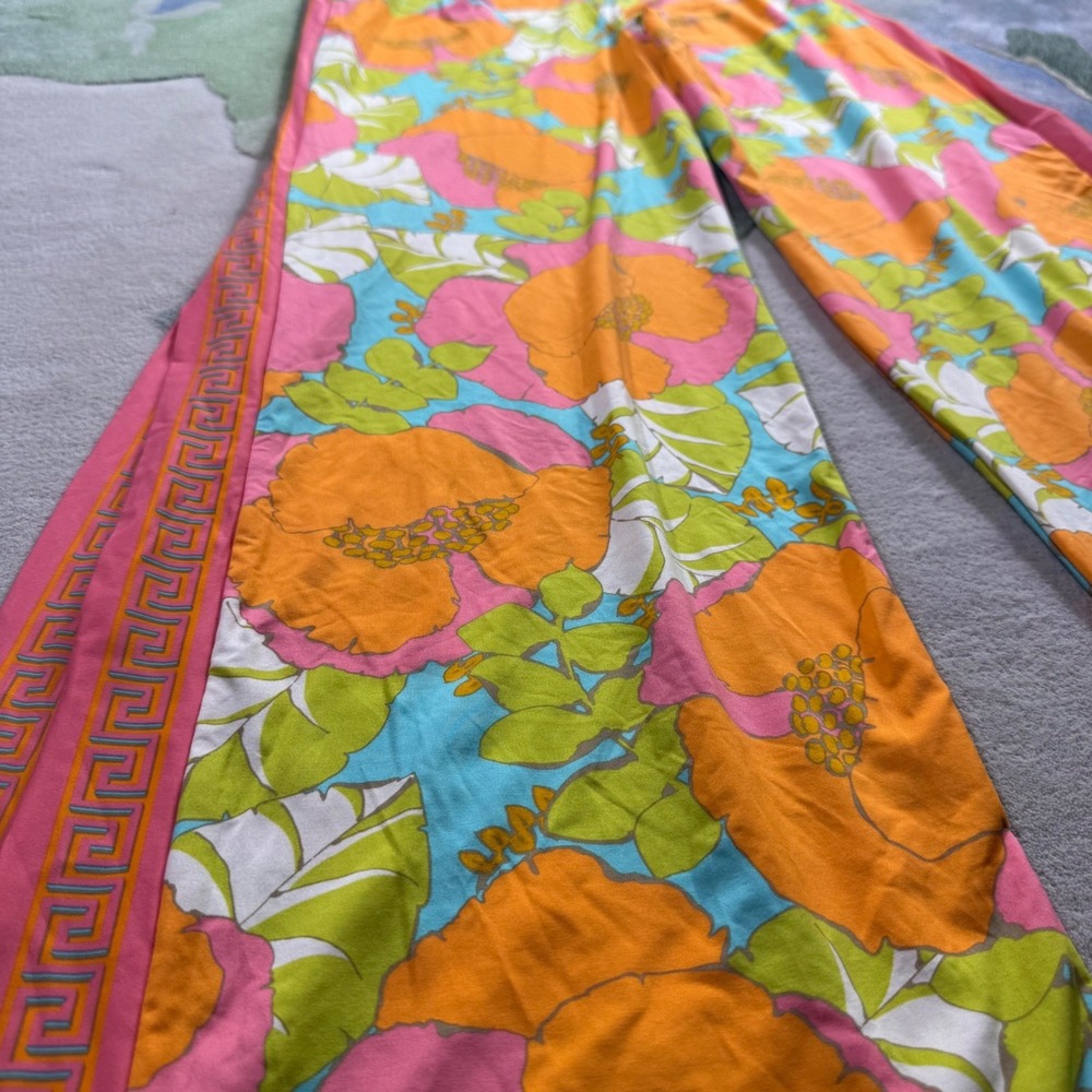 Trina Turk Floral Wide Leg Lounge Pants Orange Pink Greek Key Stripe XL - Picture 3 of 9